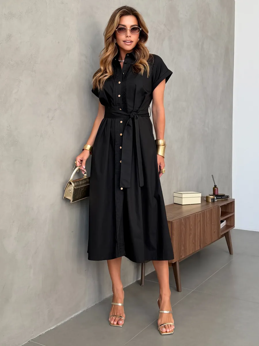 Черное летнее повседневное платье рубашка с коротким рукавом