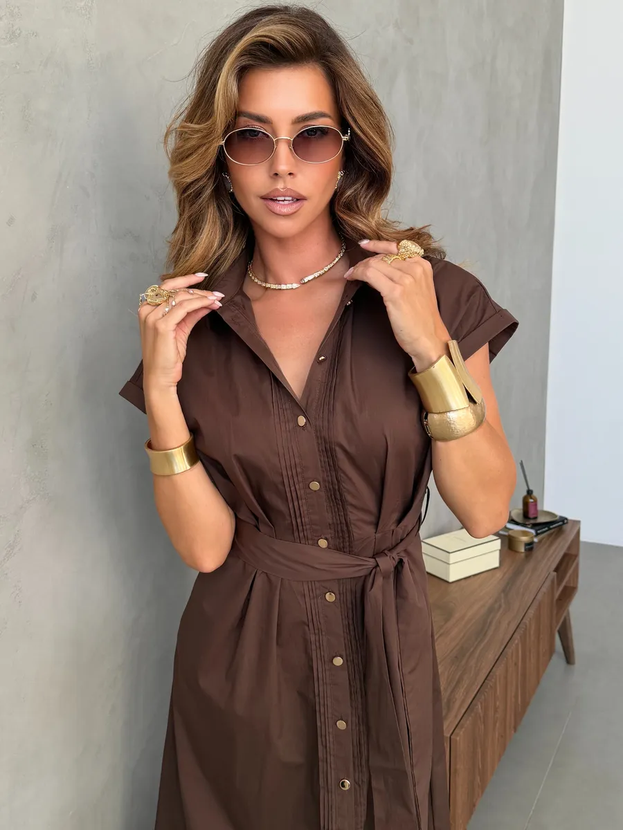 Коричневое летнее повседневное платье рубашка с коротким рукавом