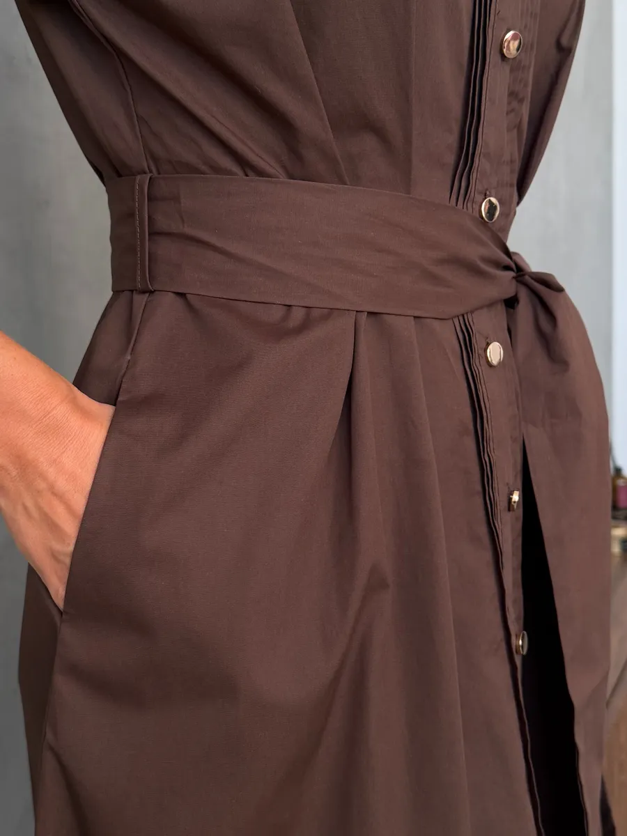 Коричневое летнее повседневное платье рубашка с коротким рукавом