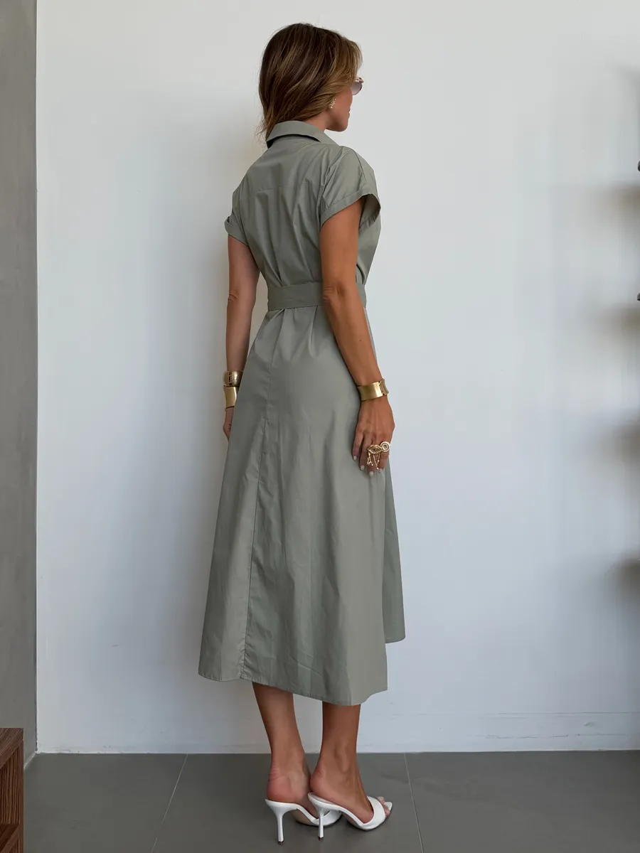 Хаки летнее повседневное платье рубашка с коротким рукавом