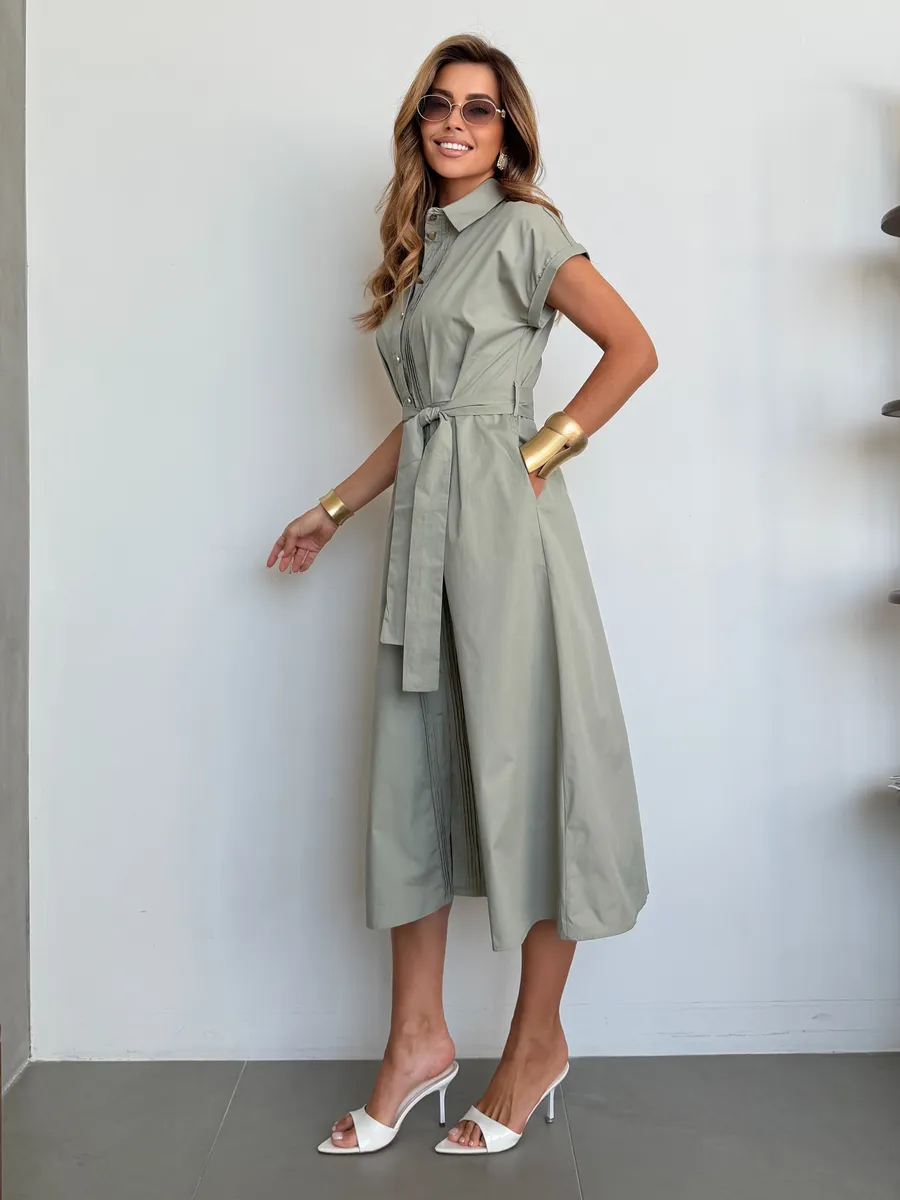 Хаки летнее повседневное платье рубашка с коротким рукавом