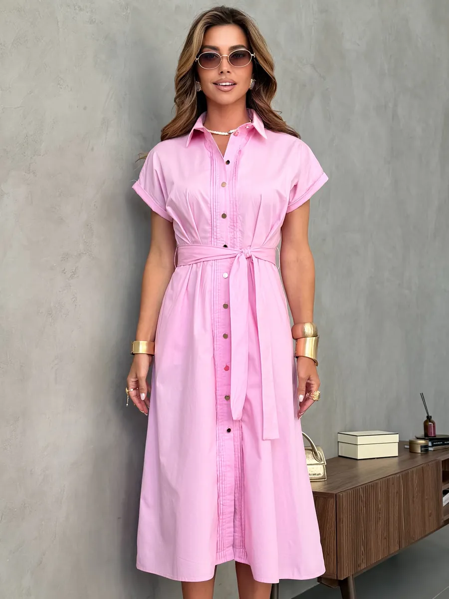 Розовое летнее повседневное платье рубашка с коротким рукавом