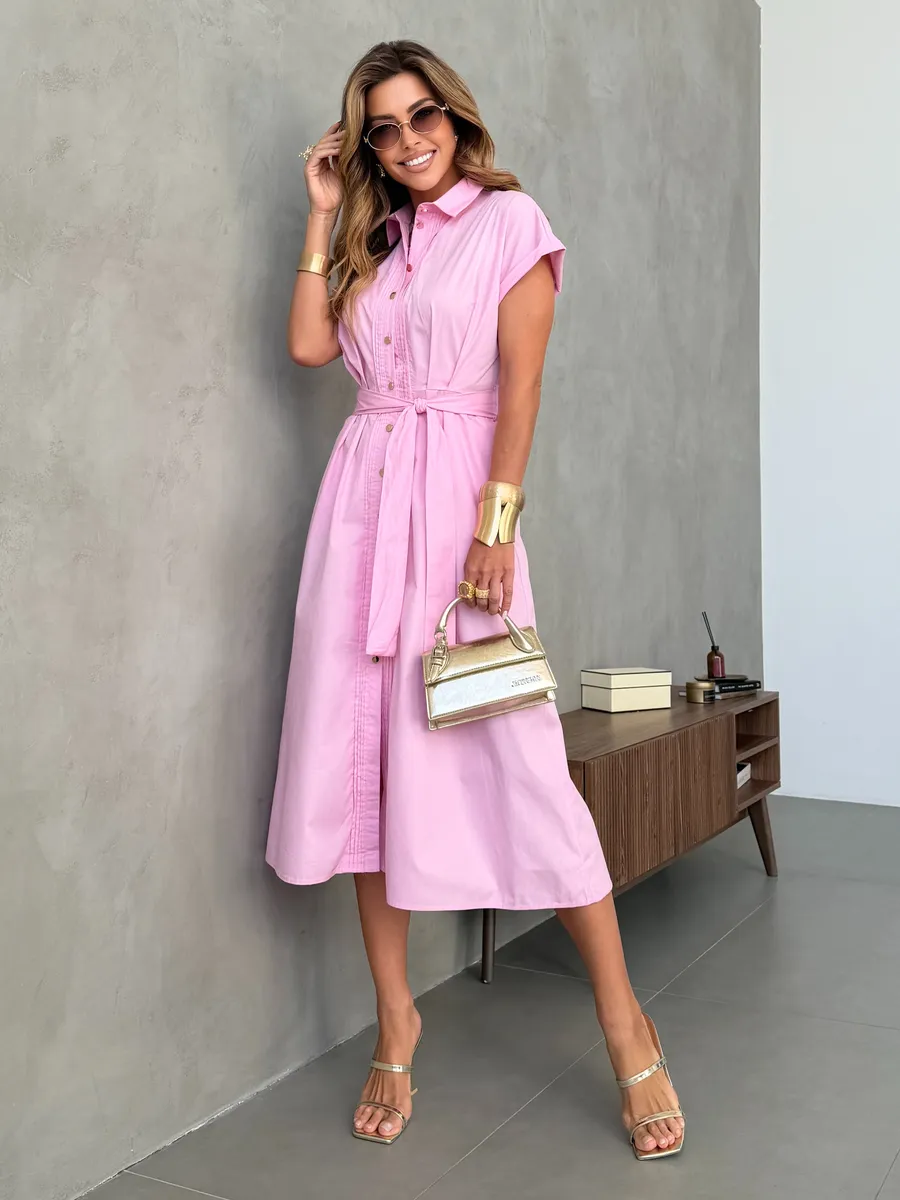 Розовое летнее повседневное платье рубашка с коротким рукавом