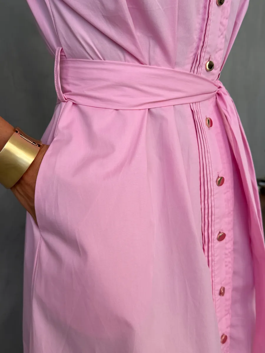 Розовое летнее повседневное платье рубашка с коротким рукавом