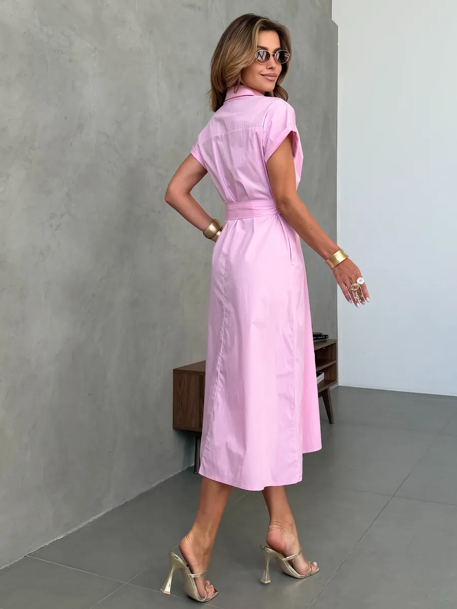 Розовое летнее повседневное платье рубашка с коротким рукавом