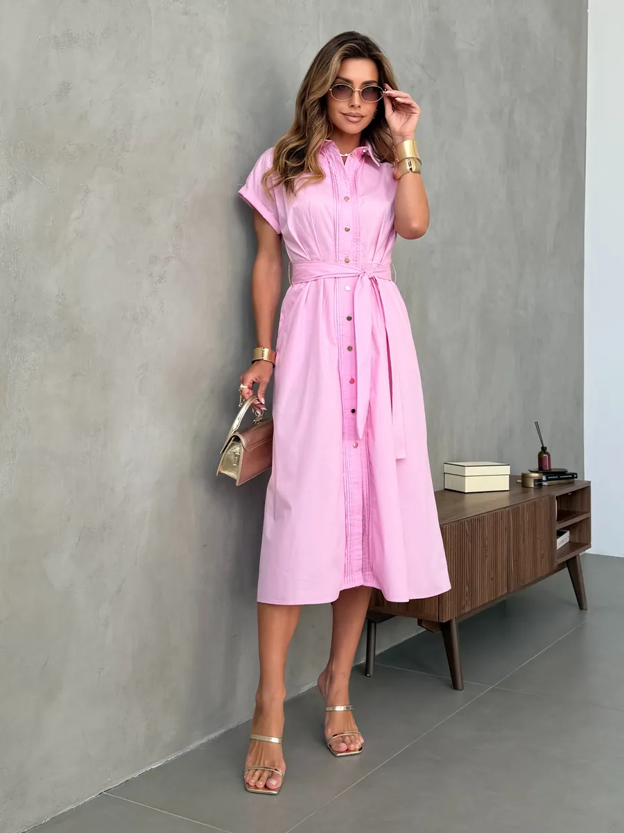 Розовое летнее повседневное платье рубашка с коротким рукавом