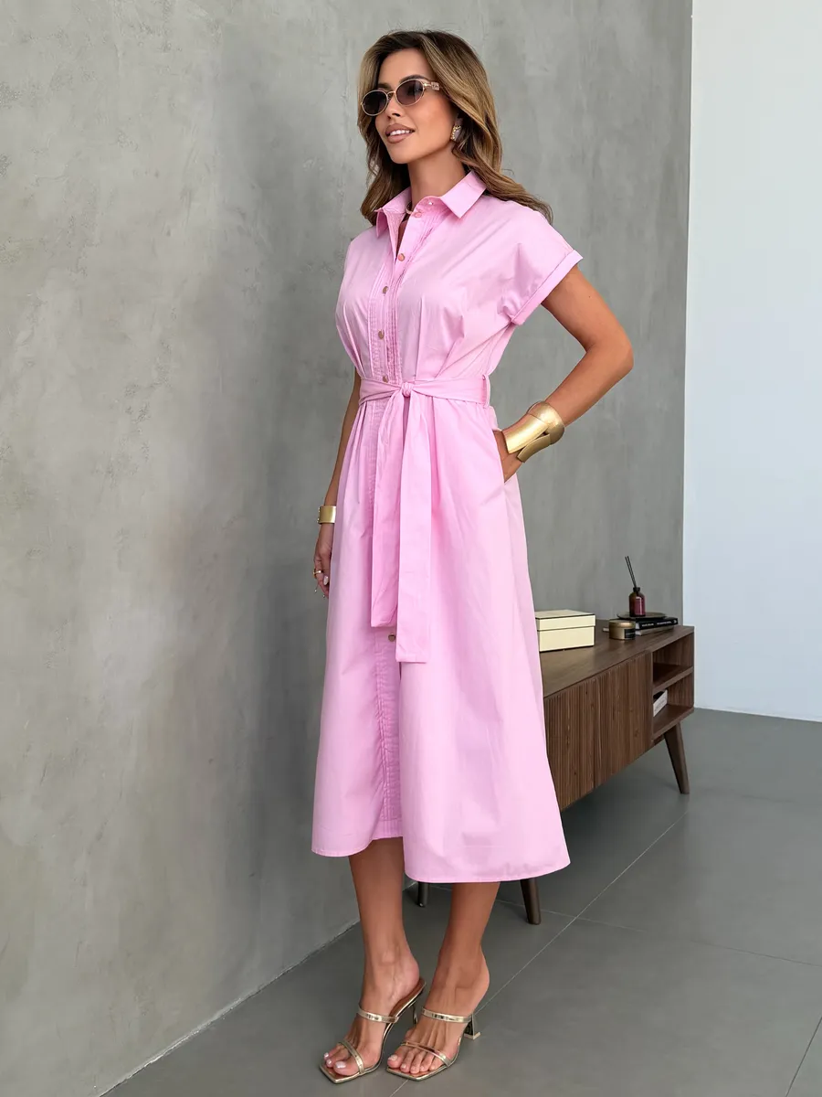 Розовое летнее повседневное платье рубашка с коротким рукавом