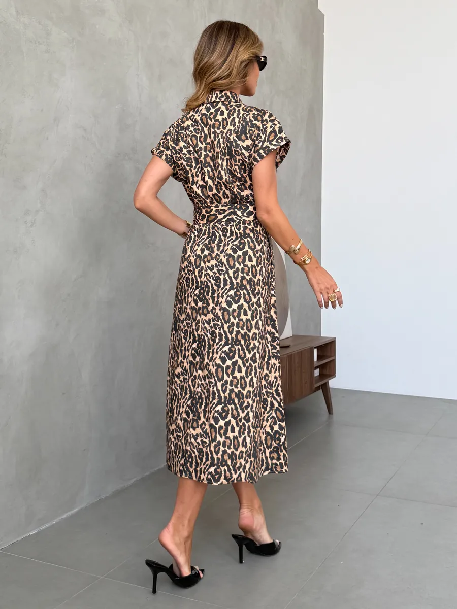 Леопардовое летнее повседневное платье рубашка с коротким рукавом