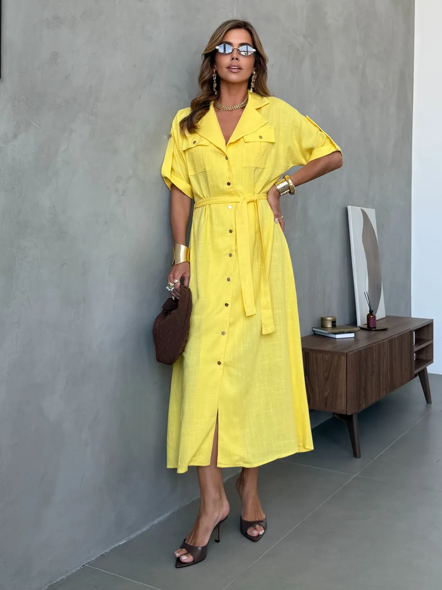 Желтое летнее повседневное платье рубашка офисное