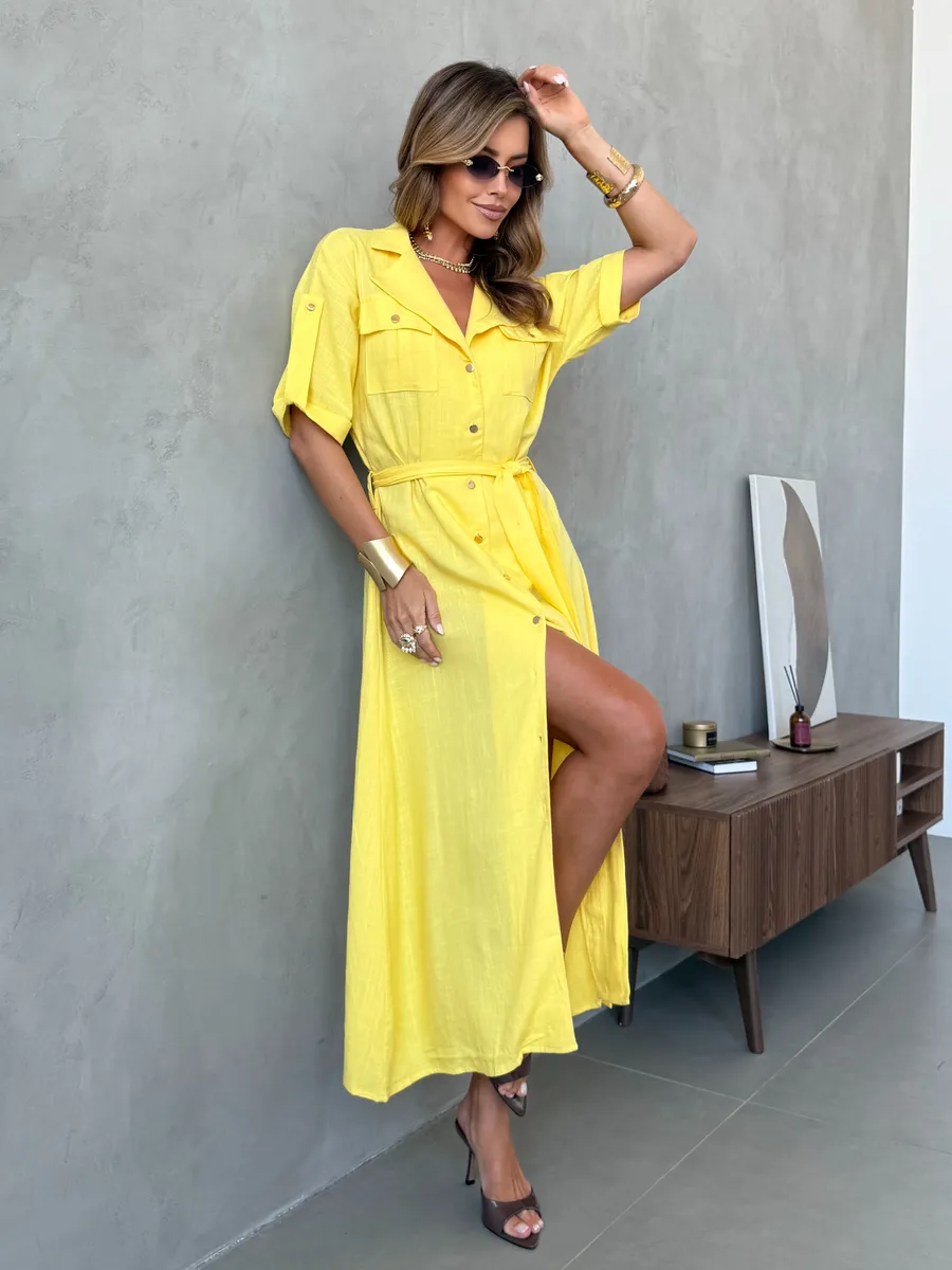 Желтое летнее повседневное платье рубашка офисное