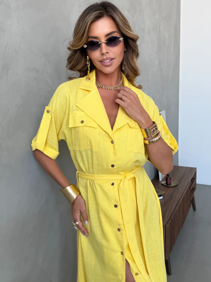 Желтое летнее повседневное платье рубашка офисное