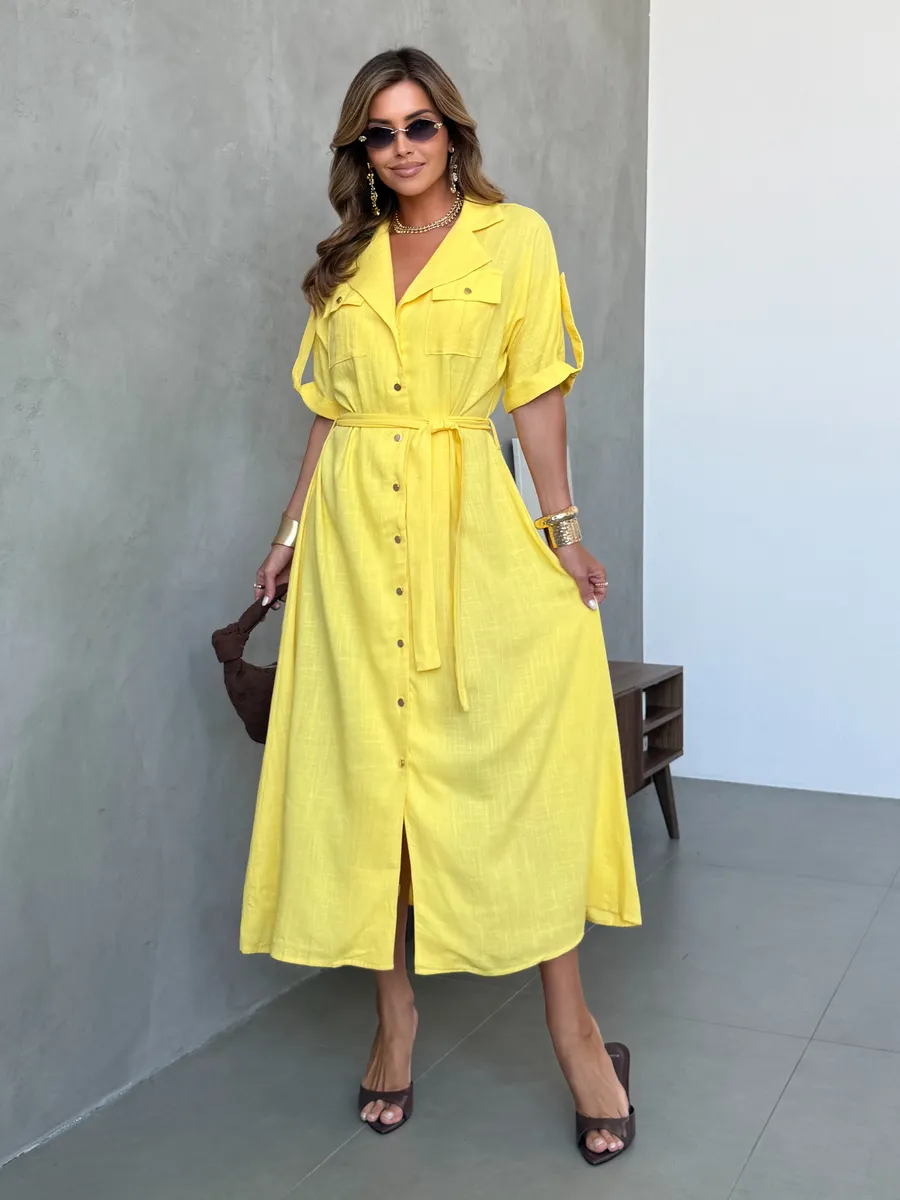 Желтое летнее повседневное платье рубашка офисное