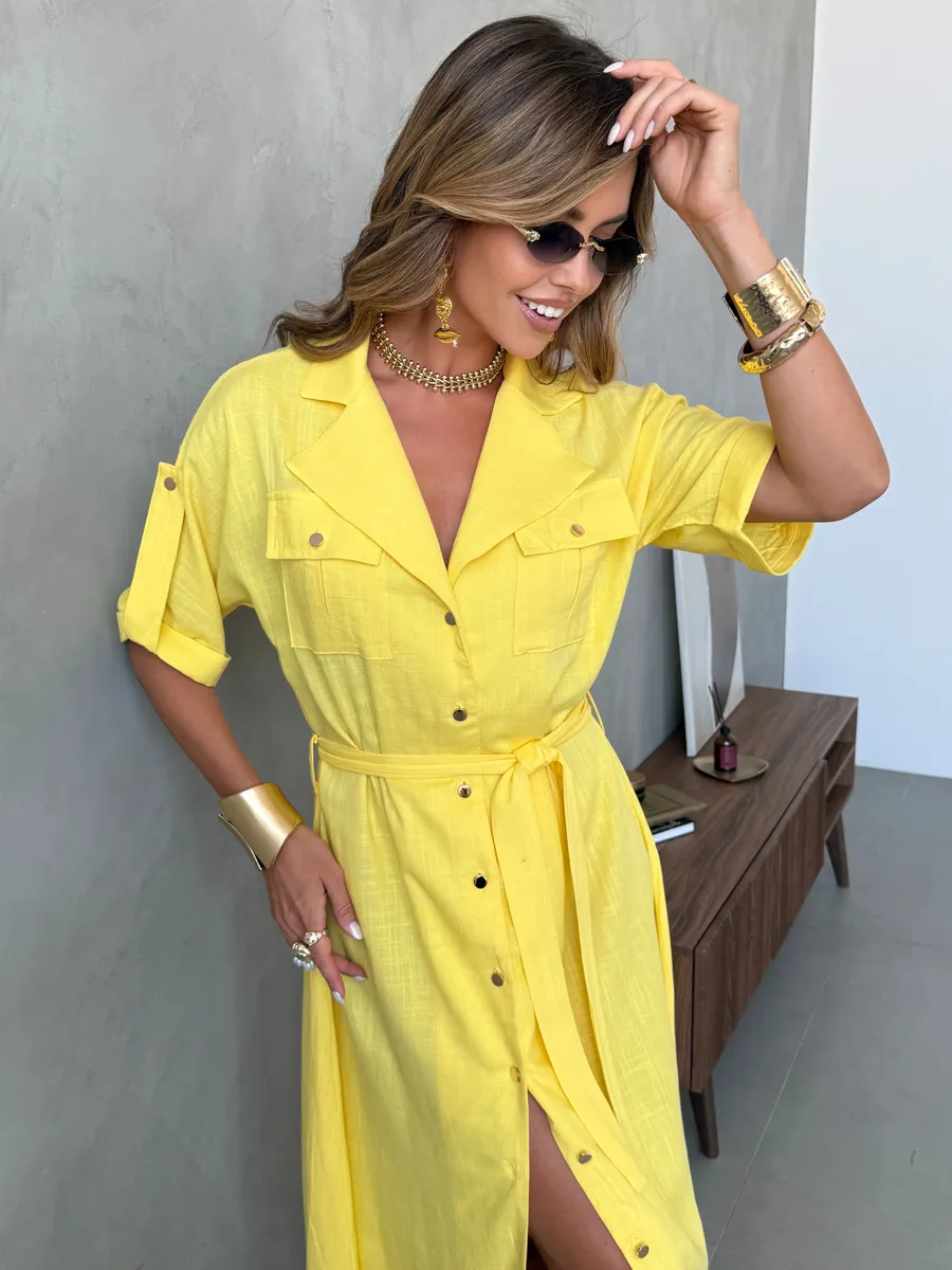 Желтое летнее повседневное платье рубашка офисное