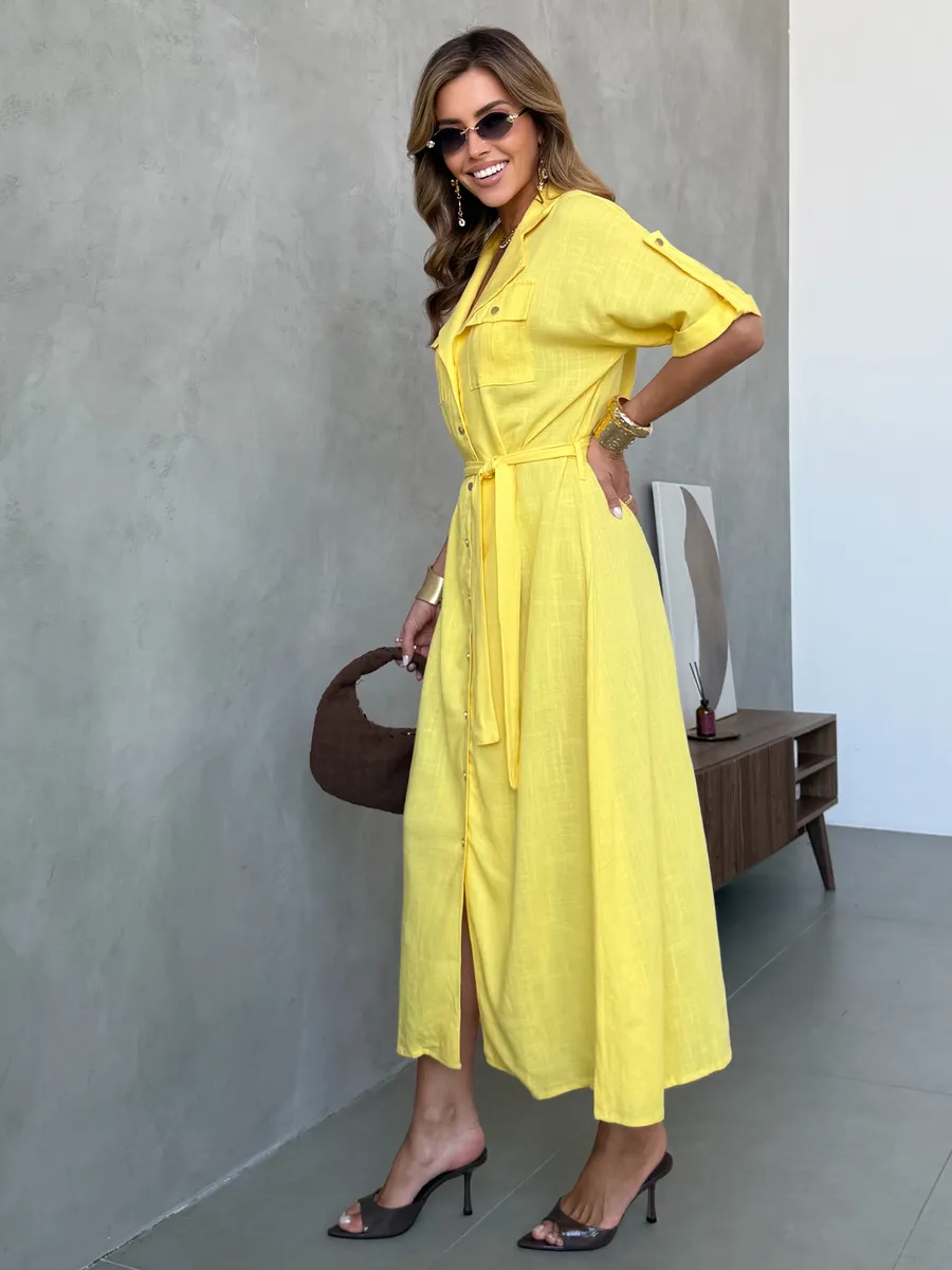 Желтое летнее повседневное платье рубашка офисное