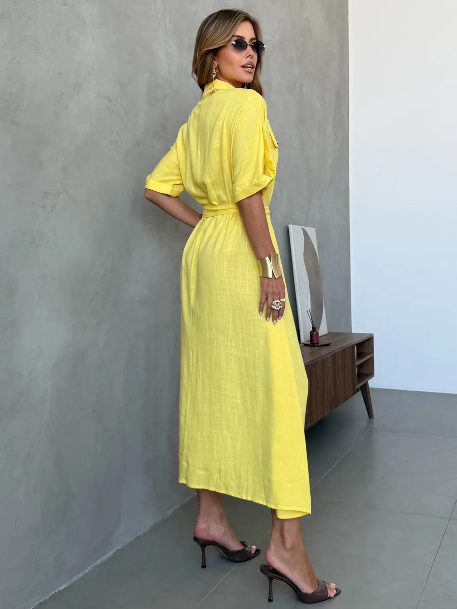 Желтое летнее повседневное платье рубашка офисное