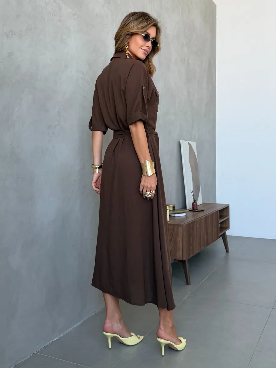 Коричневое летнее повседневное платье рубашка офисное