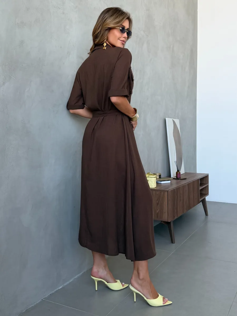 Коричневое летнее повседневное платье рубашка офисное