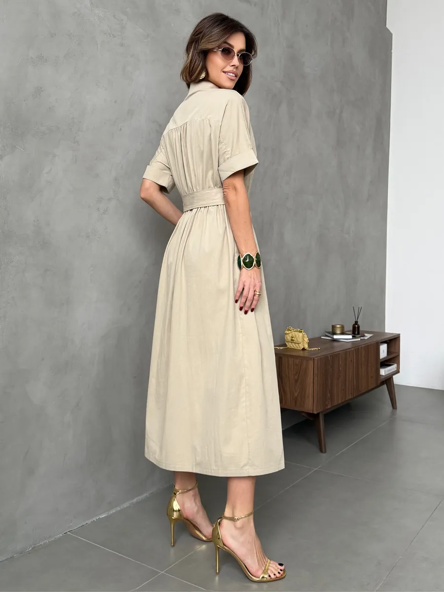 Бежевое платье-рубашка летнее длинное хлопок