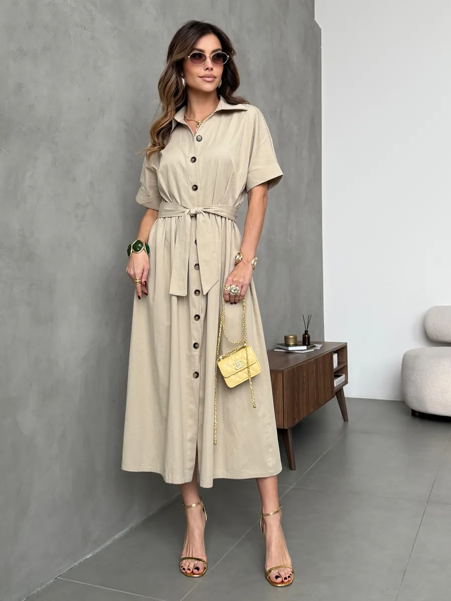 Бежевое платье-рубашка летнее длинное хлопок