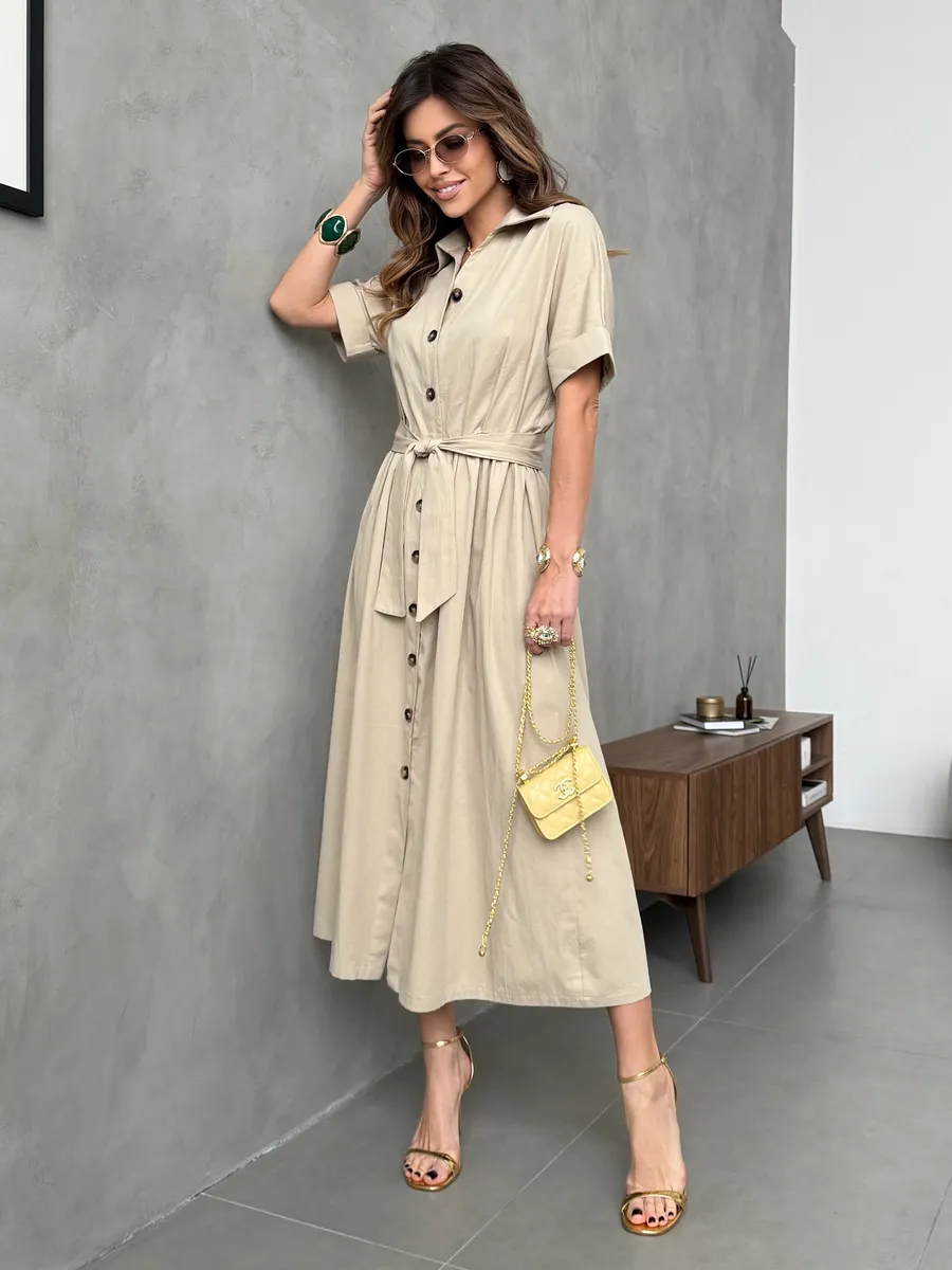 Бежевое платье-рубашка летнее длинное хлопок