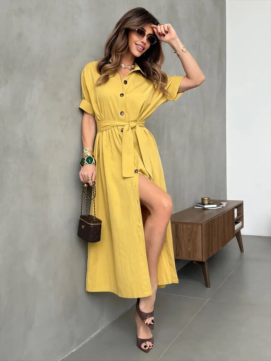 Горчичное платье-рубашка летнее длинное хлопок