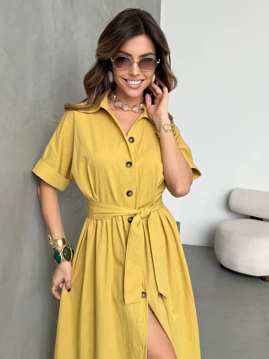 Горчичное платье-рубашка летнее длинное хлопок