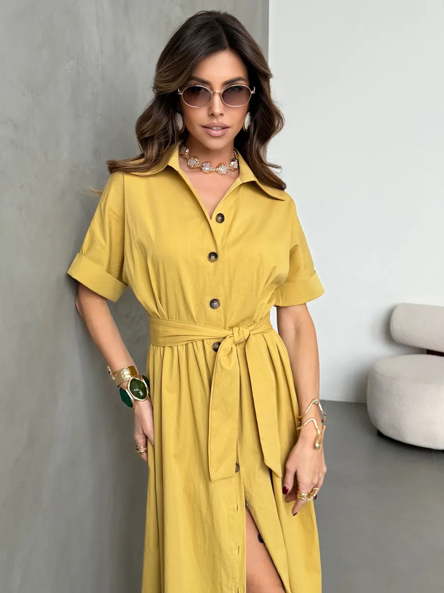 Горчичное платье-рубашка летнее длинное хлопок