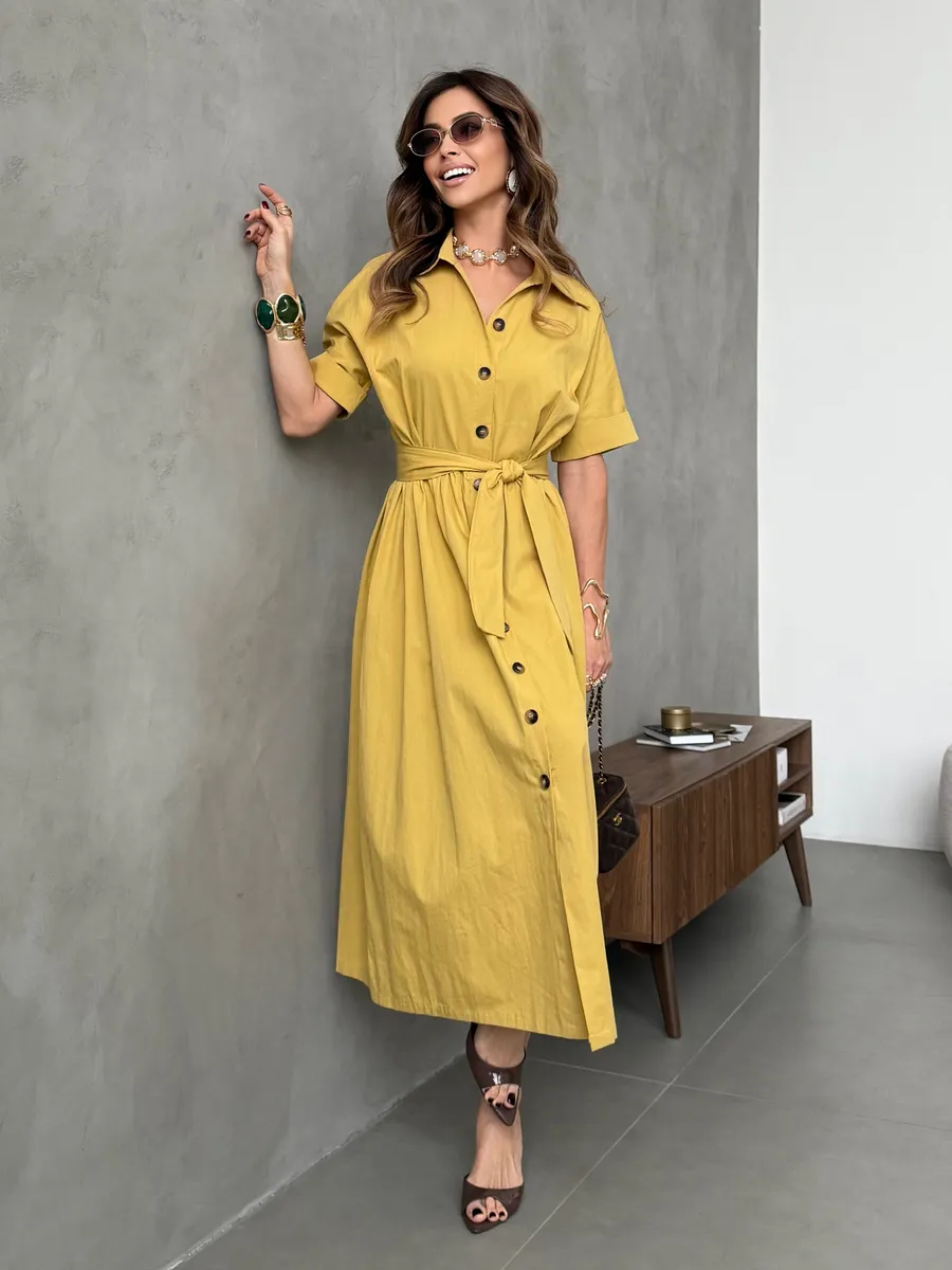 Горчичное платье-рубашка летнее длинное хлопок