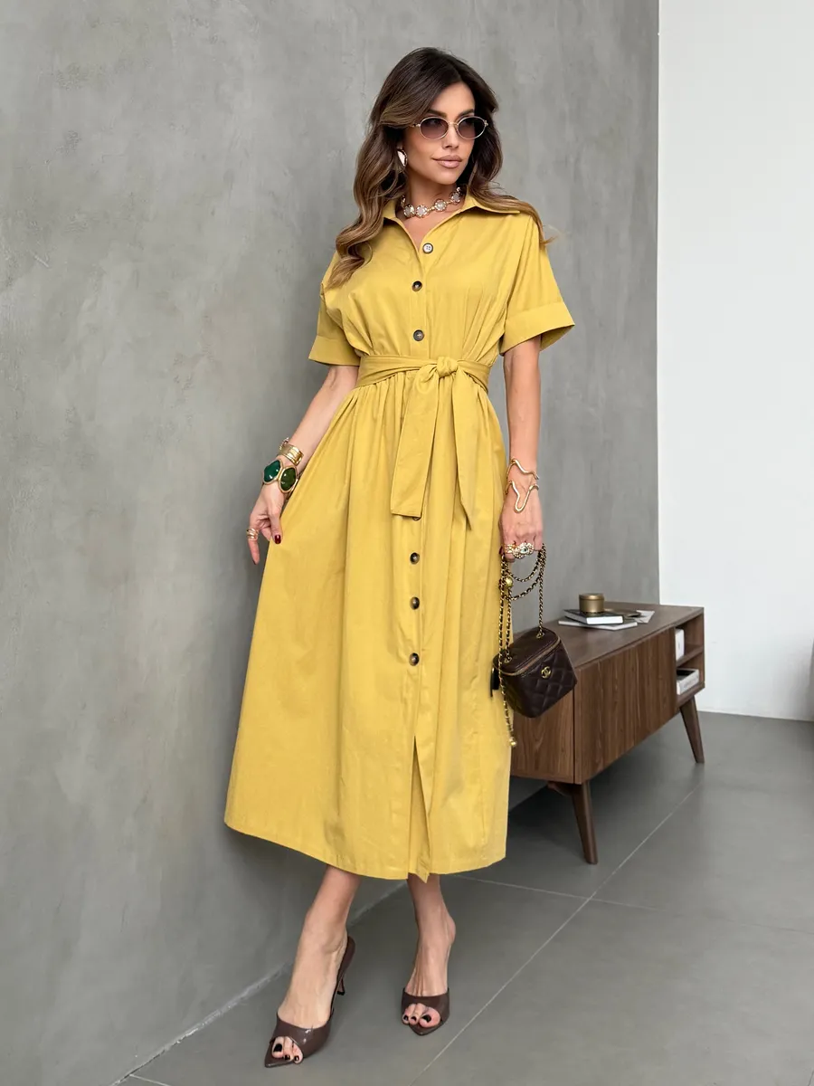 Горчичное платье-рубашка летнее длинное хлопок