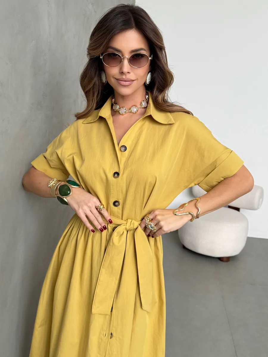 Горчичное платье-рубашка летнее длинное хлопок