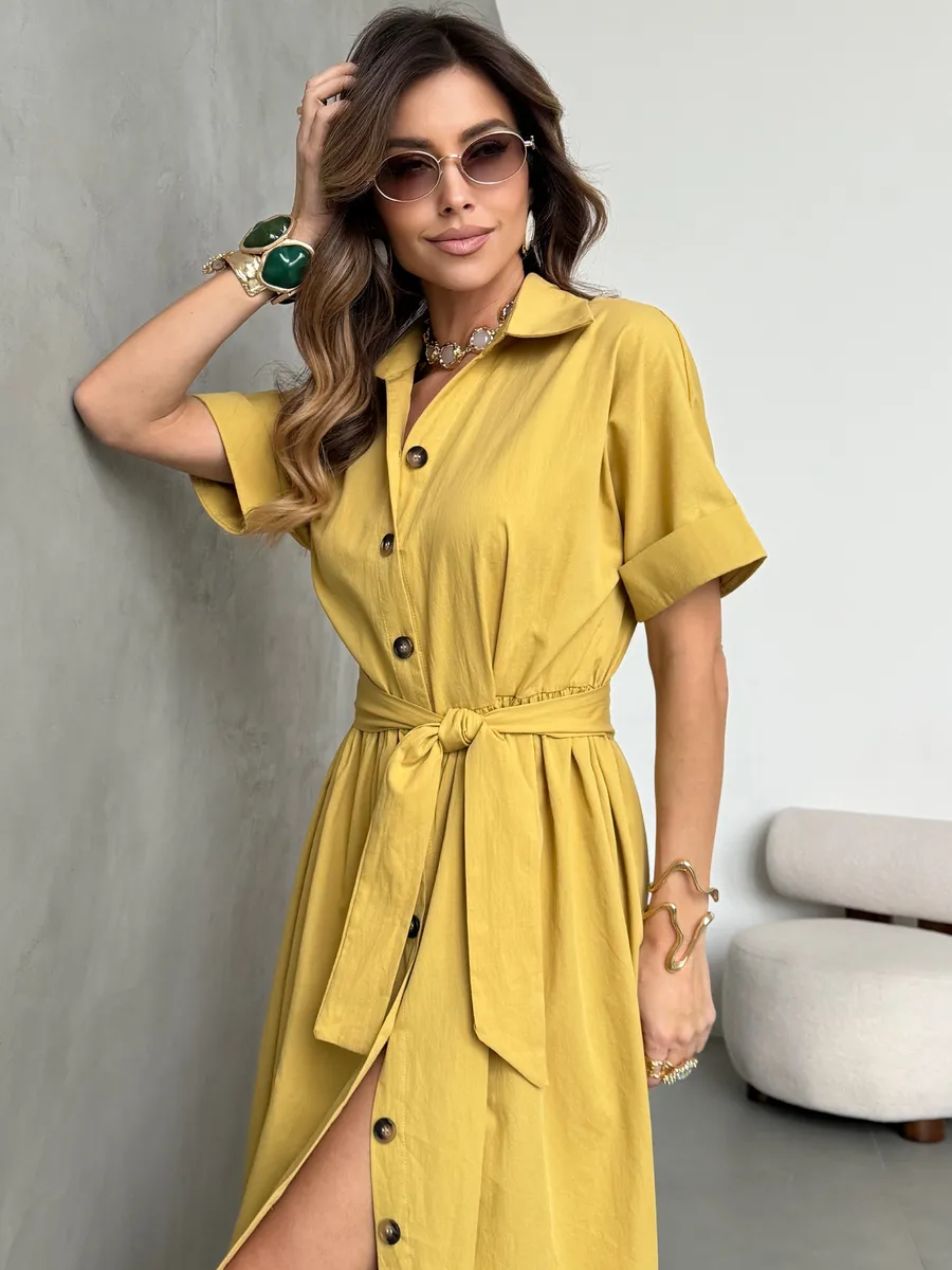 Горчичное платье-рубашка летнее длинное хлопок