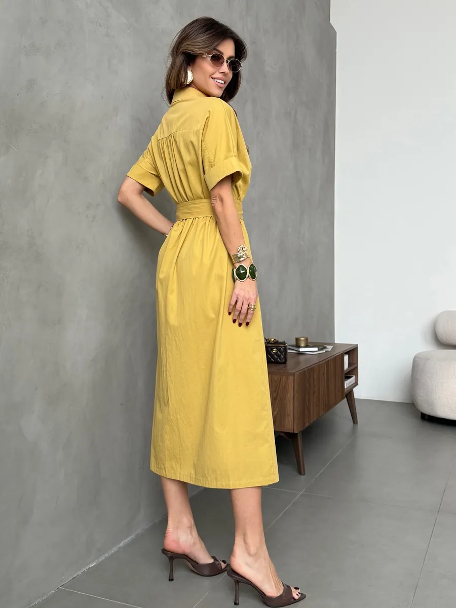 Горчичное платье-рубашка летнее длинное хлопок