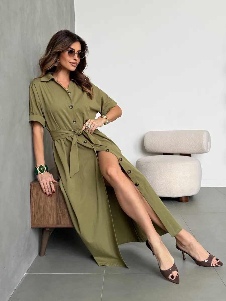 Хаки платье-рубашка летнее длинное хлопок