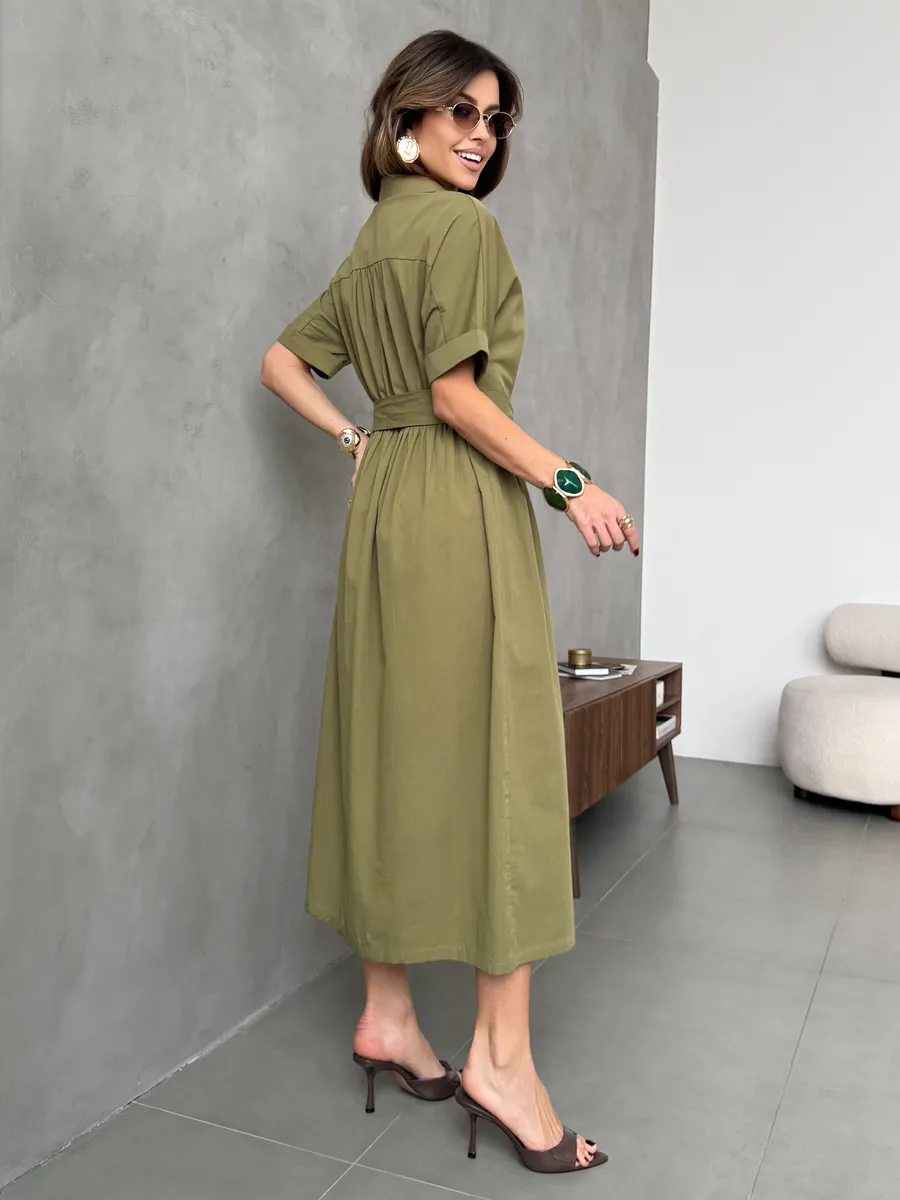 Хаки платье-рубашка летнее длинное хлопок