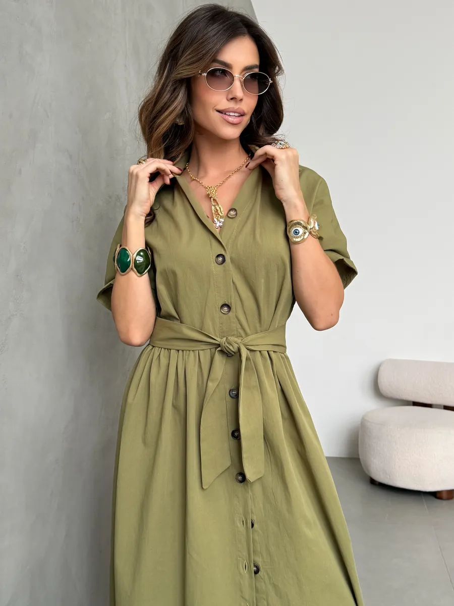Хаки платье-рубашка летнее длинное хлопок