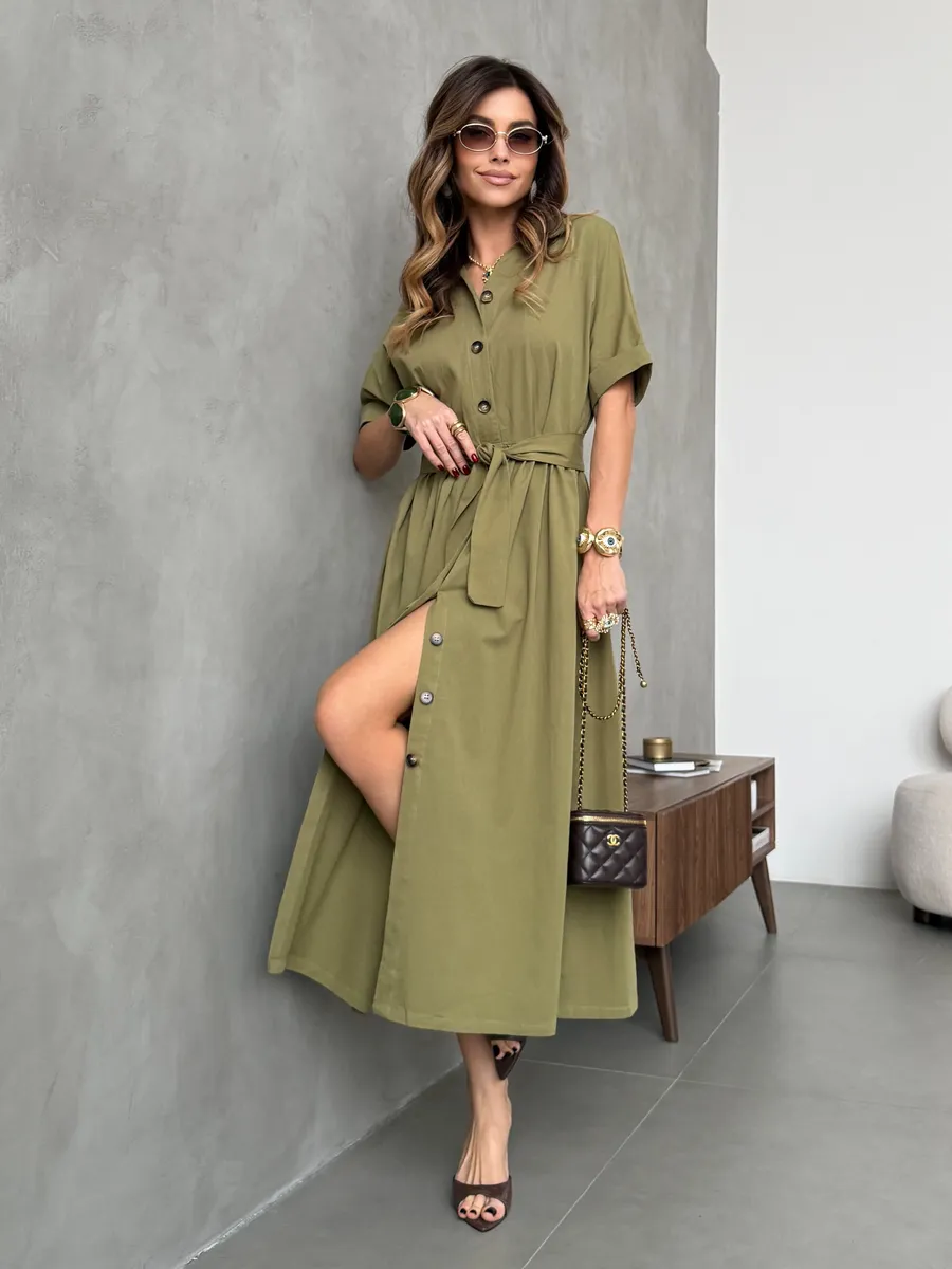 Хаки платье-рубашка летнее длинное хлопок