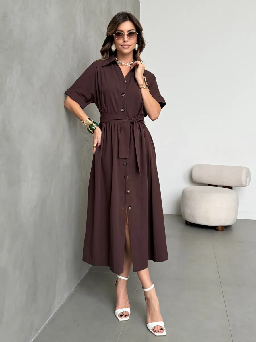 Шоколадное платье-рубашка летнее длинное хлопок