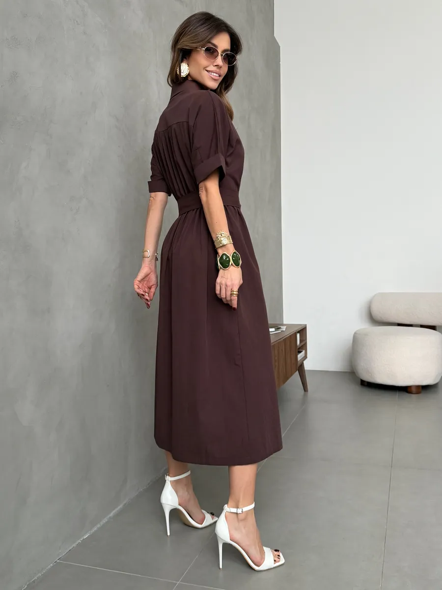 Шоколадное платье-рубашка летнее длинное хлопок