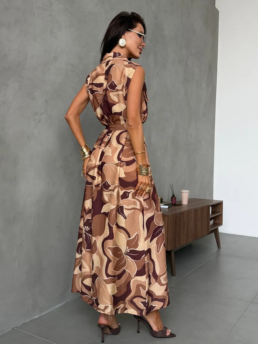 Коричневое платье рубашка летнее миди с ярким принтом