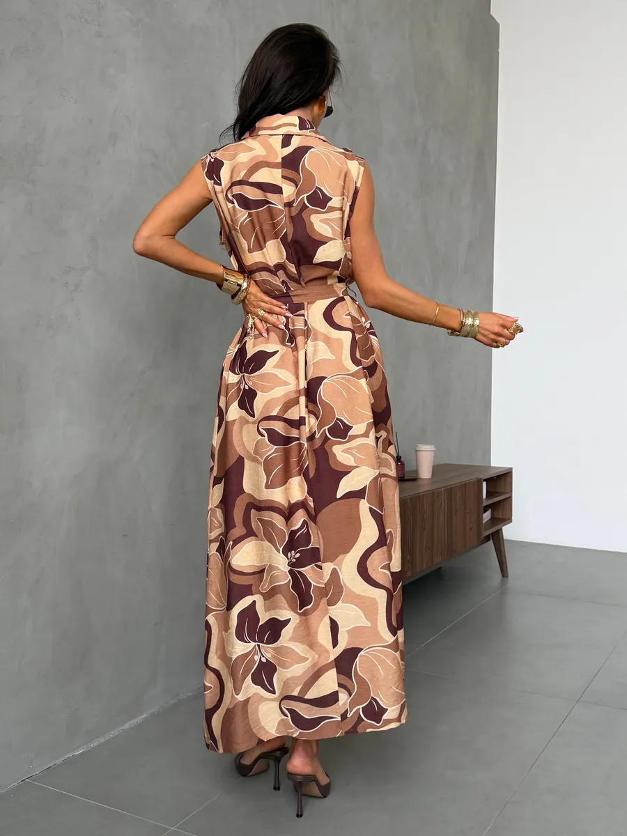 Коричневое платье рубашка летнее миди с ярким принтом
