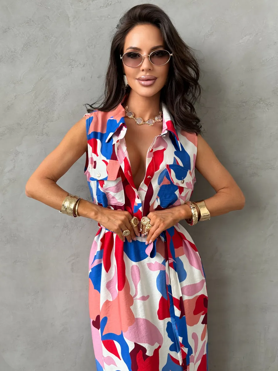 Красное платье рубашка летнее миди с ярким принтом