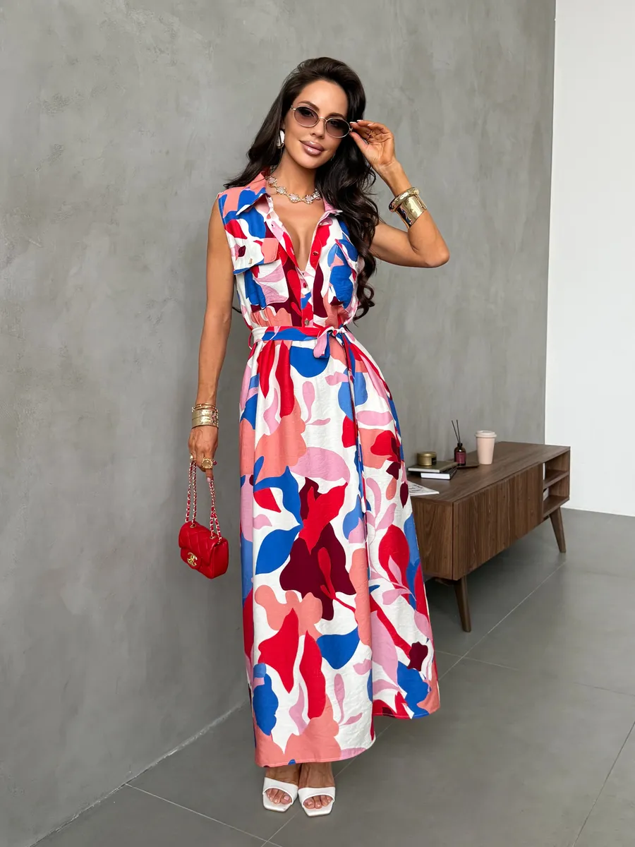 Красное платье рубашка летнее миди с ярким принтом