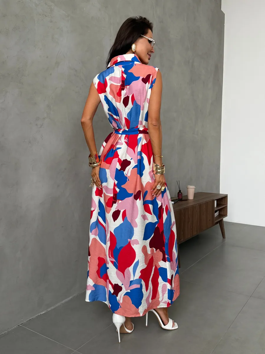 Красное платье рубашка летнее миди с ярким принтом