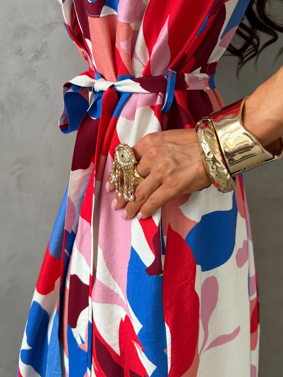 Красное платье рубашка летнее миди с ярким принтом