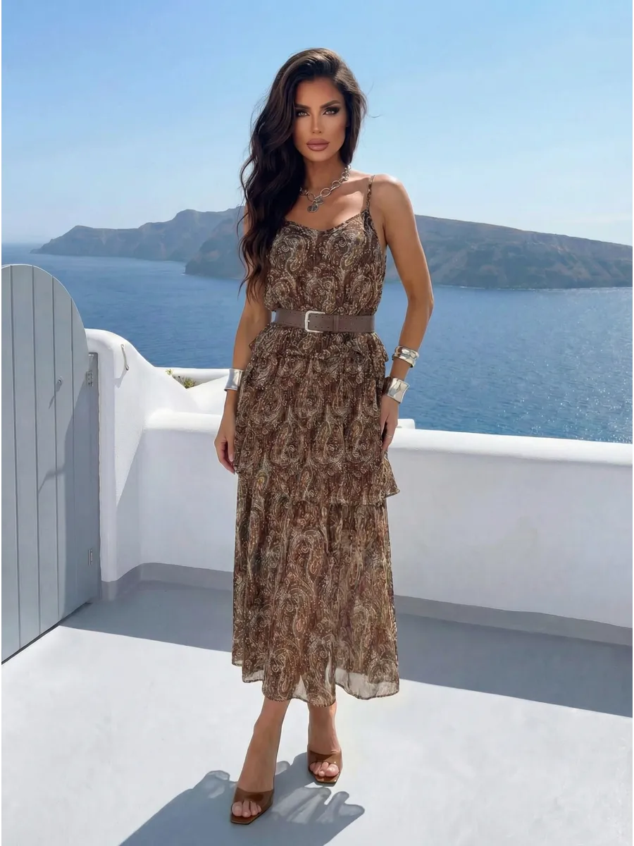 Коричневое летнее платье сарафан праздничное повседневное миди