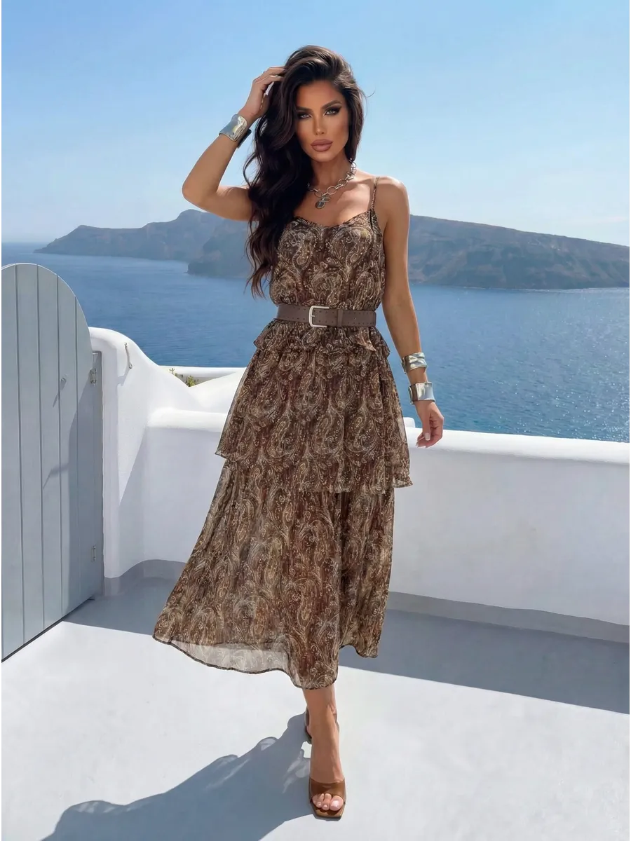 Коричневое летнее платье сарафан праздничное повседневное миди