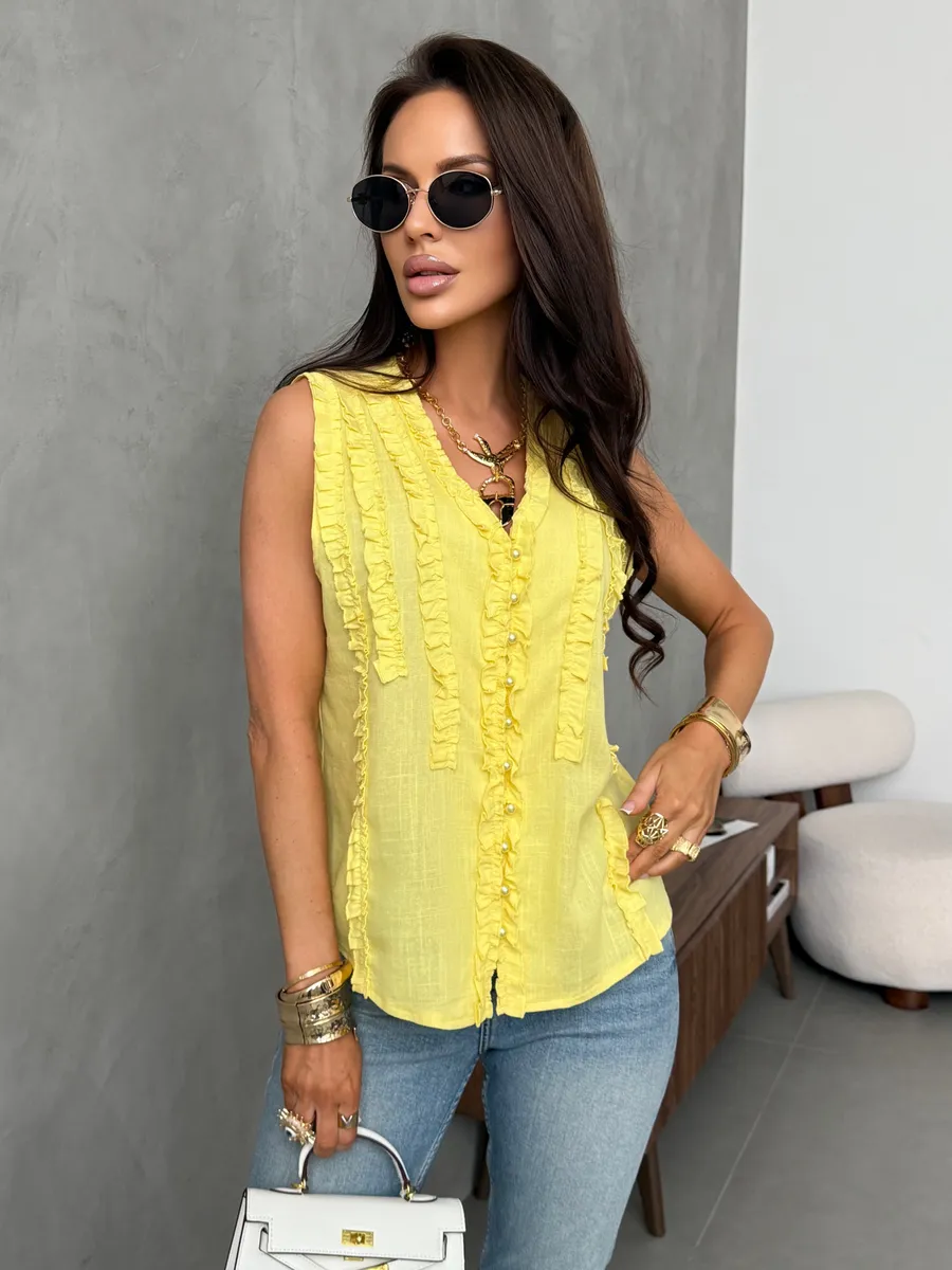 Желтая блузка-топ льняная без рукавов с рюшами