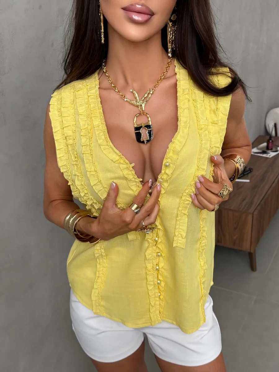 Желтая блузка-топ льняная без рукавов с рюшами