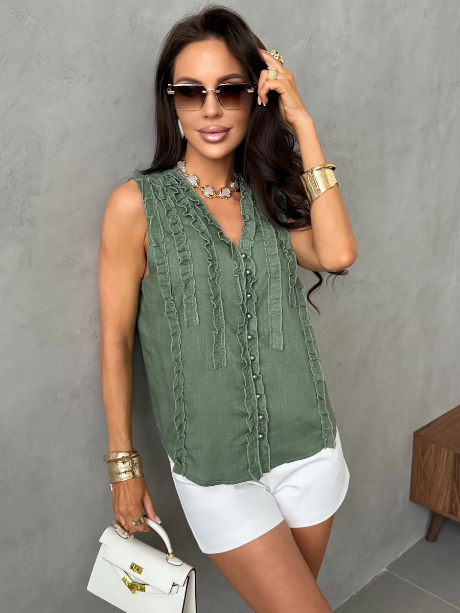 Хаки блузка-топ льняная без рукавов с рюшами