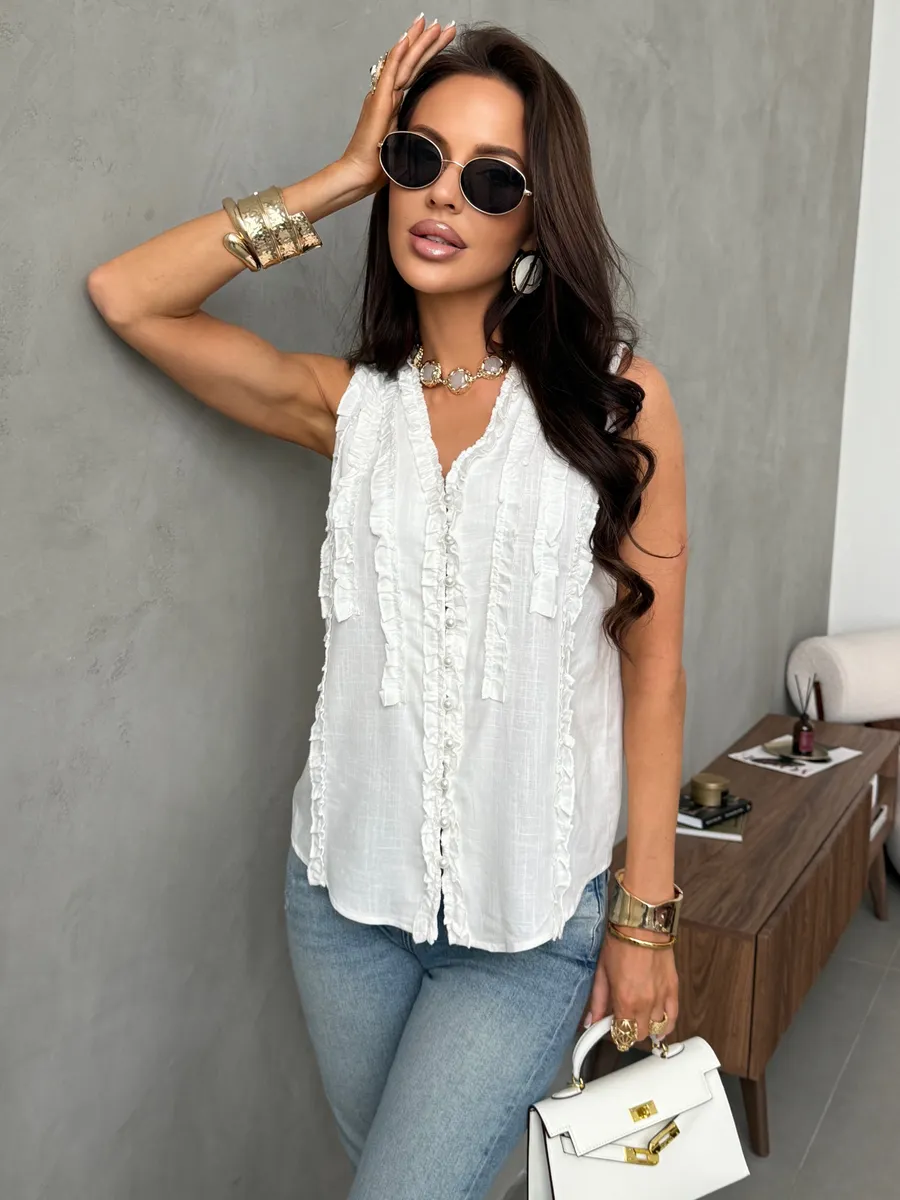 Белая блузка-топ льняная без рукавов с рюшами